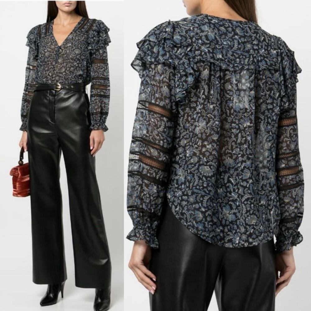 Veronica Beard Penny Silk lace blouse blue floral Sz6 Feminine Chic Luxury Top